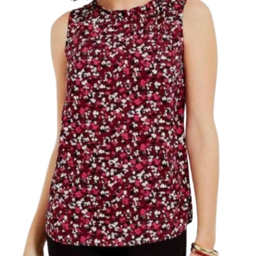 Talbots Sleeveless Confetti Top Burgundy Pink White Pleated Neckline Fun, Medium - Picture 2 of 12